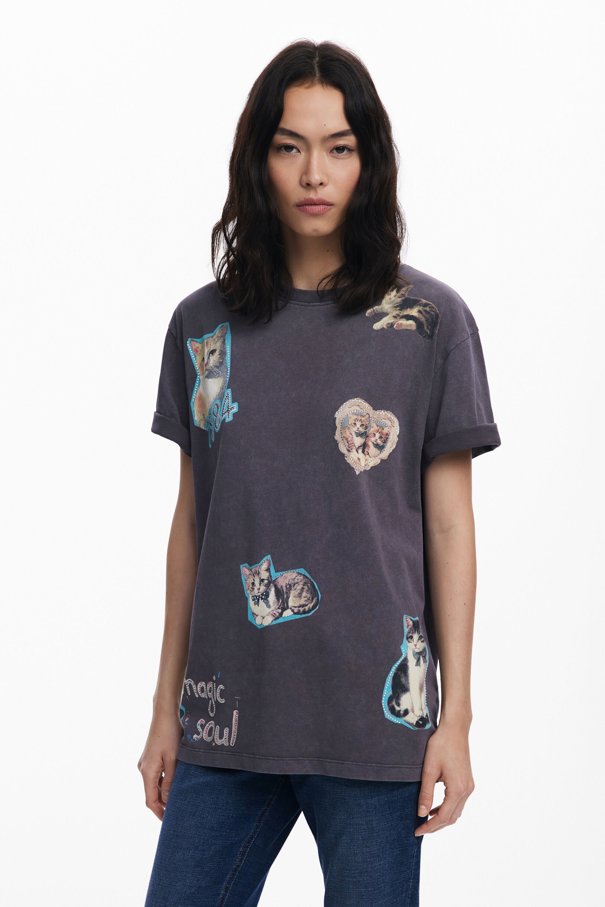 Desigual Katoenen shirt met katten - BLACK