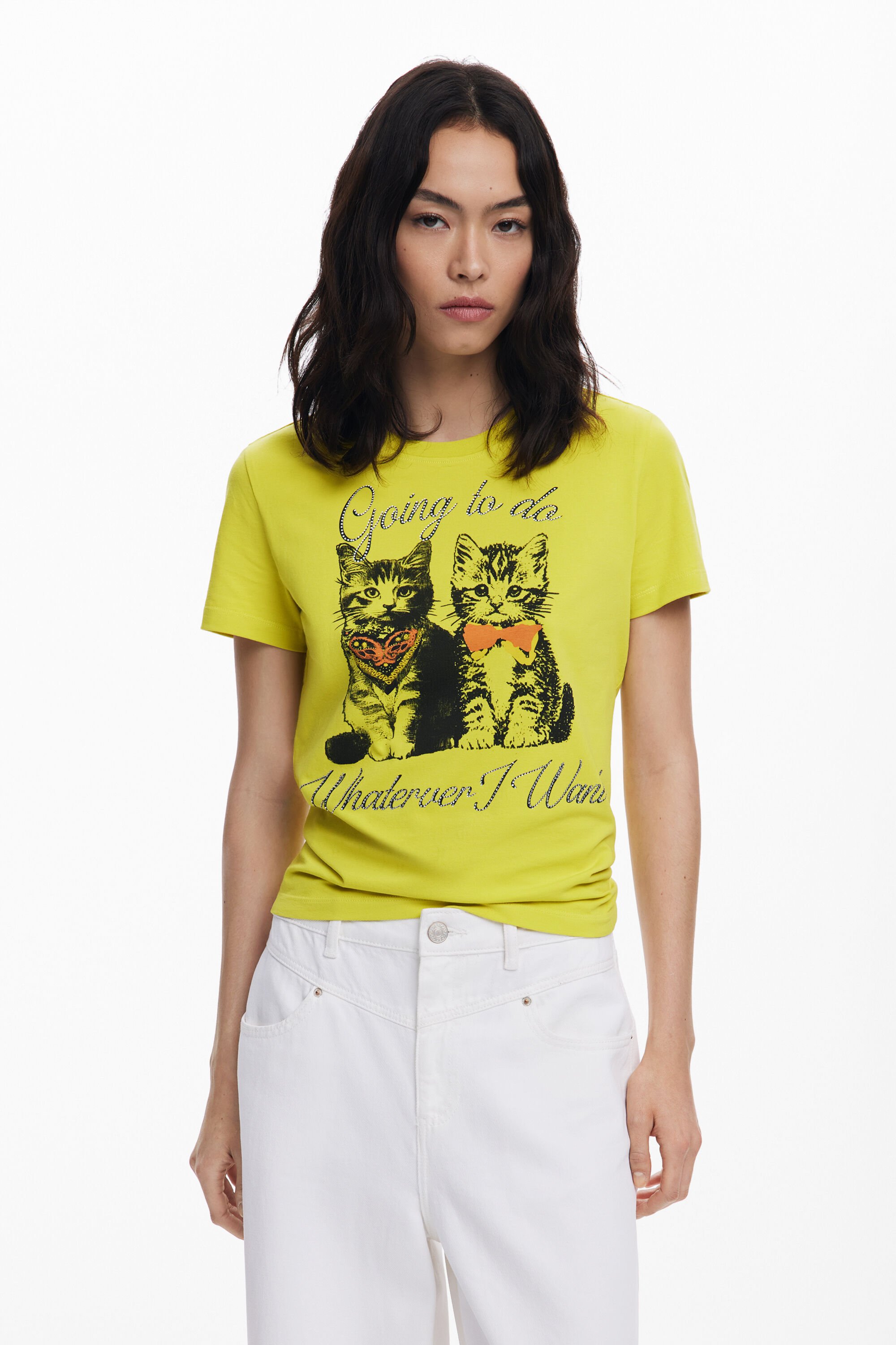 Desigual T-shirt met korte mouwen en kattenprint - GREEN