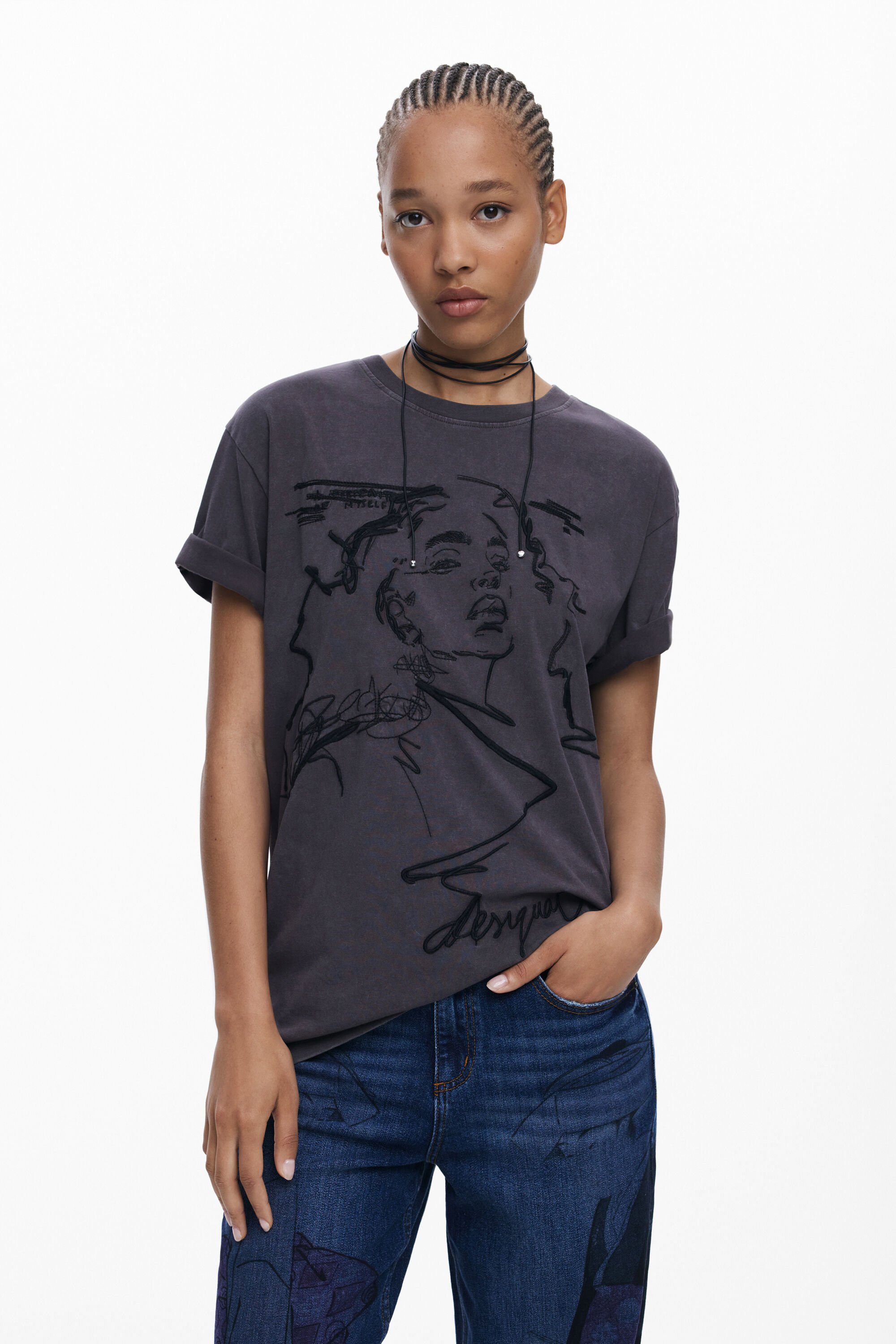 Desigual T-shirt met reliëf gezicht - BROWN