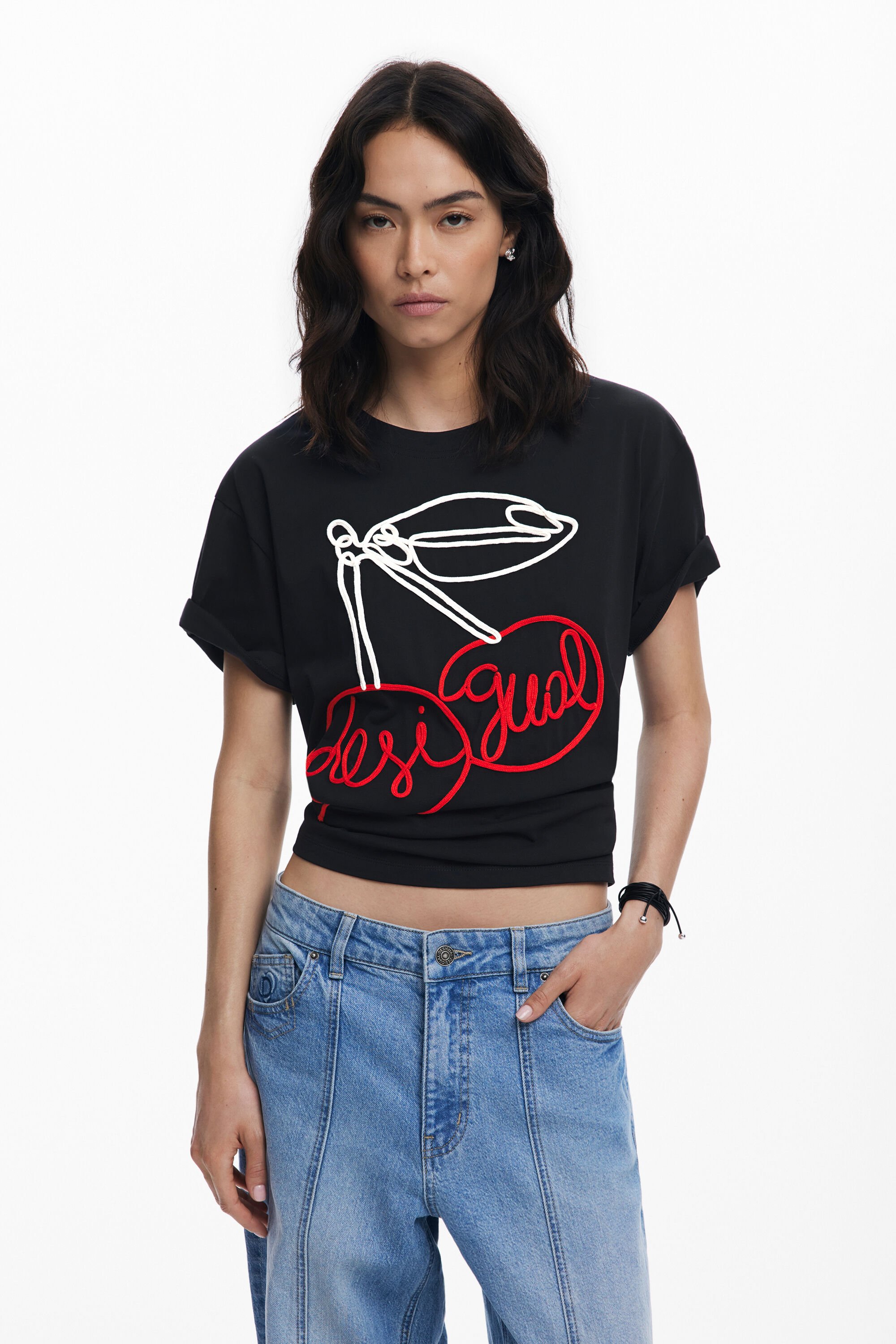 Desigual T-shirt met kersenreliëf - BLACK