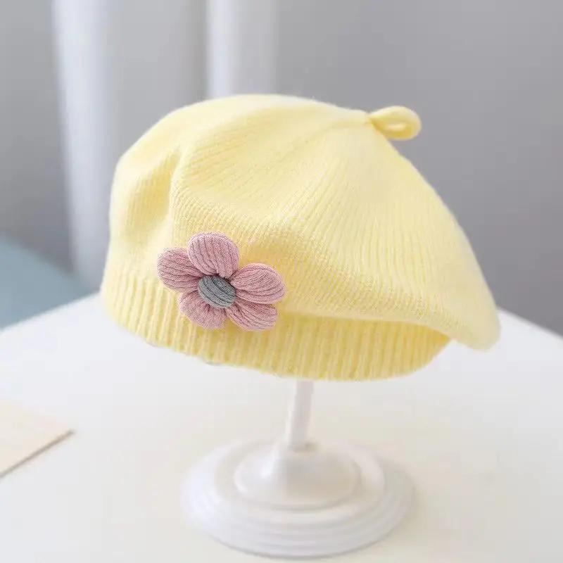 91530112MAC2FPQ14M Bloem Baby Baret Hoed Winter Warm Gebreide Beanie Cap voor Baby Meisjes Koreaanse Peuter Prinses Kunstenaar Effen Kleur Schilder Caps One Size geel