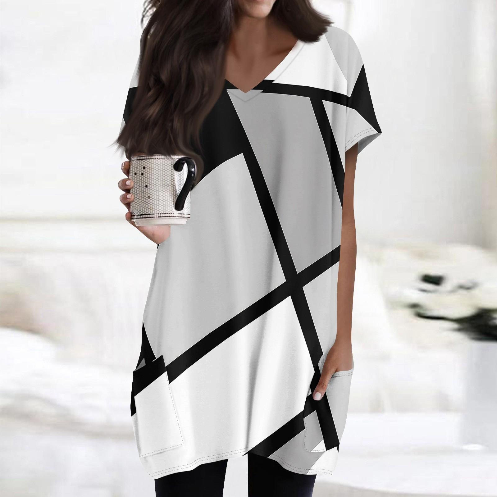 Hong  Art Dames Tops V-hals Korte Mouw Blouses Casual Mid-length Shirts Mode Print Tuniek Tops Met Zakken XXL
