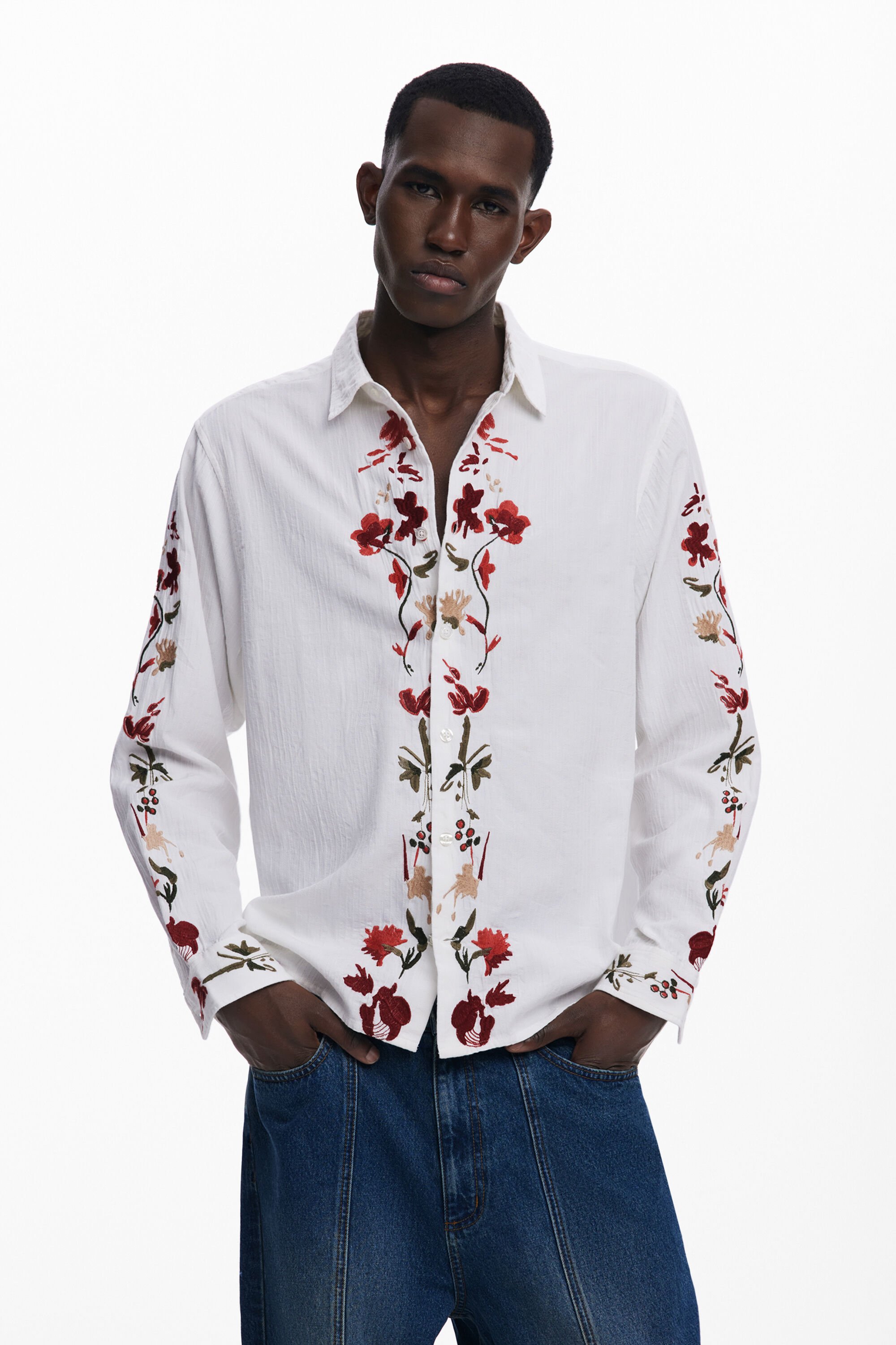 Desigual Overhemd met lange mouwen en geborduurde bloemen - WHITE