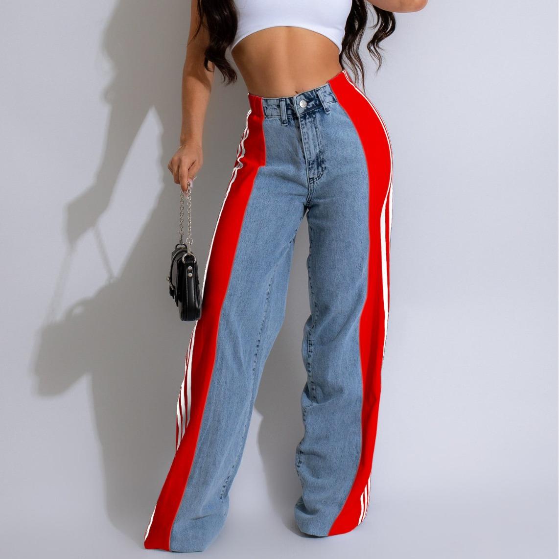 Roser Mode streep splicing jeans denim wijde pijp broek vrouwen hoge taille knoop rechte broek casual vrouwelijke bodems L
