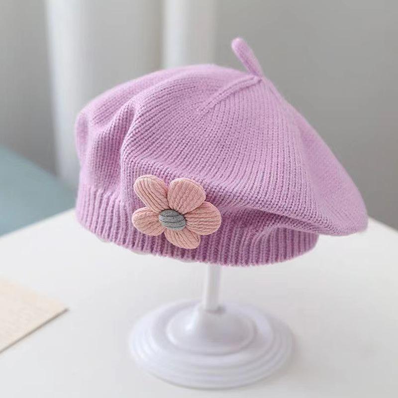 Etherealkhe Bloem Baby Baret Hoed Effen Kleur Winter Warm Gebreide Muts Voor Baby Meisjes Koreaanse Peuter Prinses Kunstenaar Schilder Mutsen paars