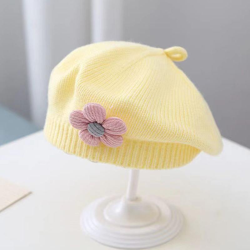 Etherealkhe Bloem Baby Baret Hoed Effen Kleur Winter Warm Gebreide Muts Voor Baby Meisjes Koreaanse Peuter Prinses Kunstenaar Schilder Mutsen geel