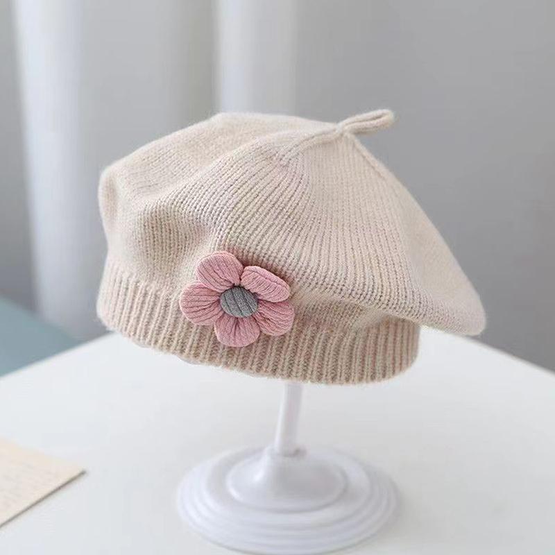 Etherealkhe Bloem Baby Baret Hoed Effen Kleur Winter Warm Gebreide Muts Voor Baby Meisjes Koreaanse Peuter Prinses Kunstenaar Schilder Mutsen beige
