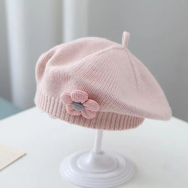 Etherealkhe Bloem Baby Baret Hoed Effen Kleur Winter Warm Gebreide Muts Voor Baby Meisjes Koreaanse Peuter Prinses Kunstenaar Schilder Mutsen roze