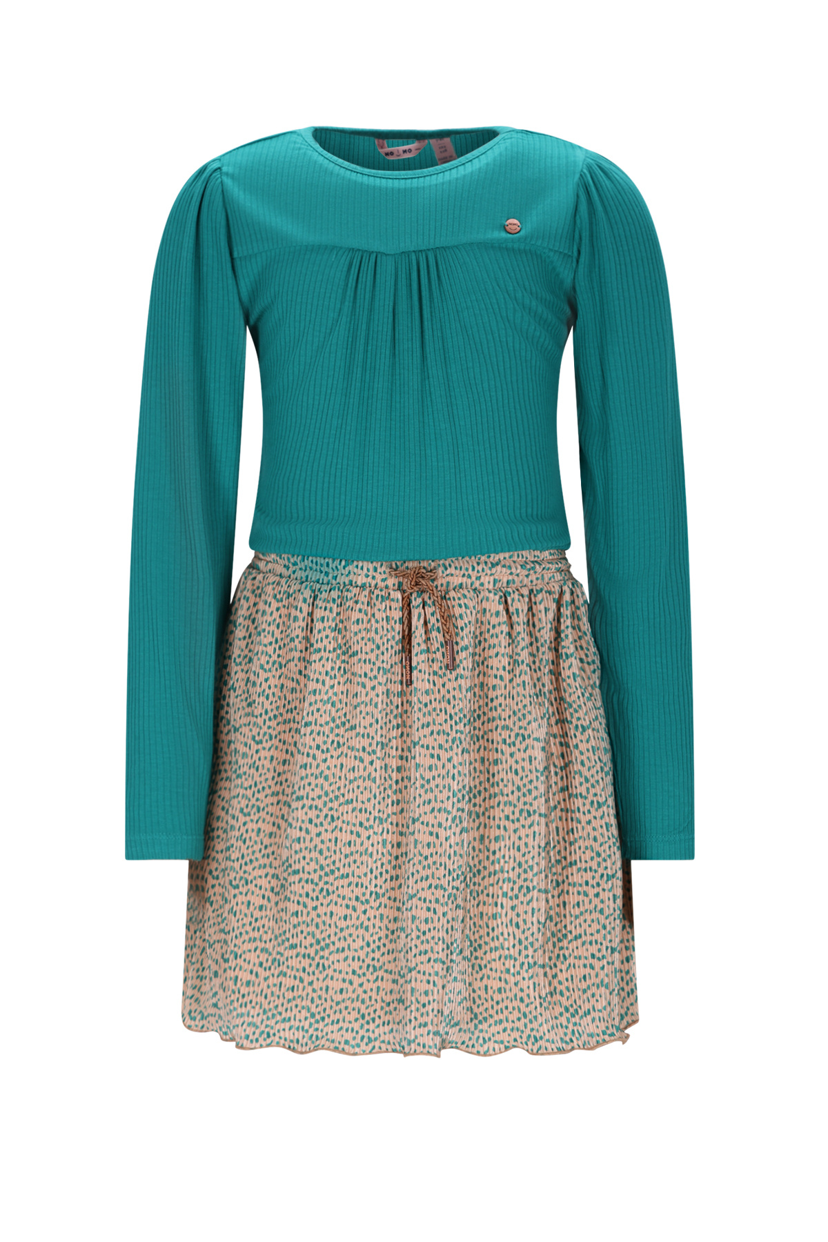 NoNo winter combo jurk meisjes - zand - Morly - rib jersey top + plisse, AOP rok