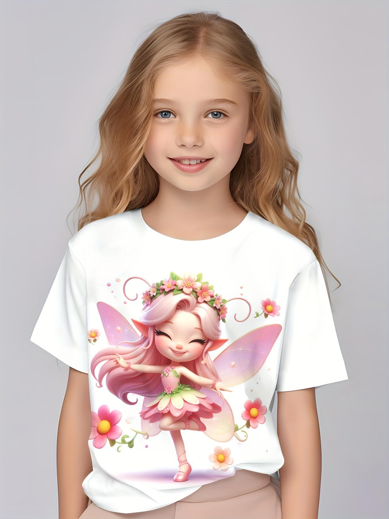 Xuhaijian02 Kinderkleding Meisjes Betoverende 3D Fee Print Korte Mouw T-shirt Tops Comfortabele Ronde Hals Casual T-shirts Kinderkleding Meisjes 160