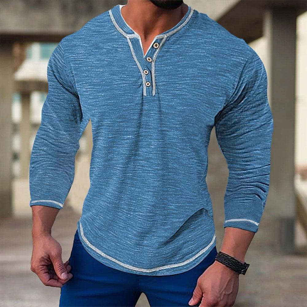 King Billion Heren T-shirts met lange mouwen van katoen voor de herfst Pullovers Casual Heren Sweatshirts Elastische V-hals T-shirts met knoopsluiting Mannelijk XL blauw