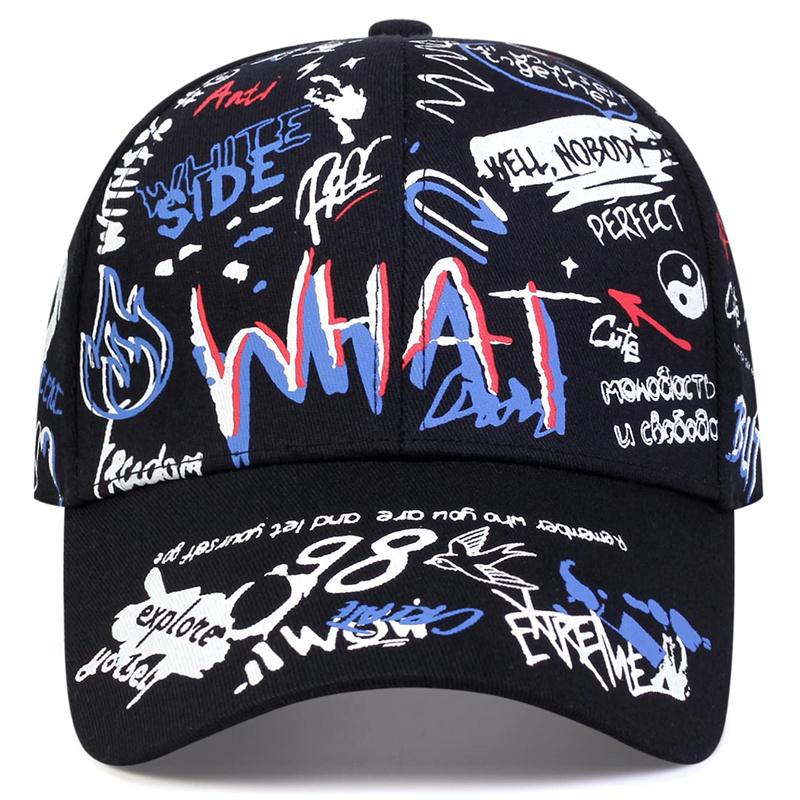 Cap Factory Mode graffiti bedrukte baseballpet straat katoenen pet unisex zomerhoed verstelbare vrije tijd hoed blauw/zwart