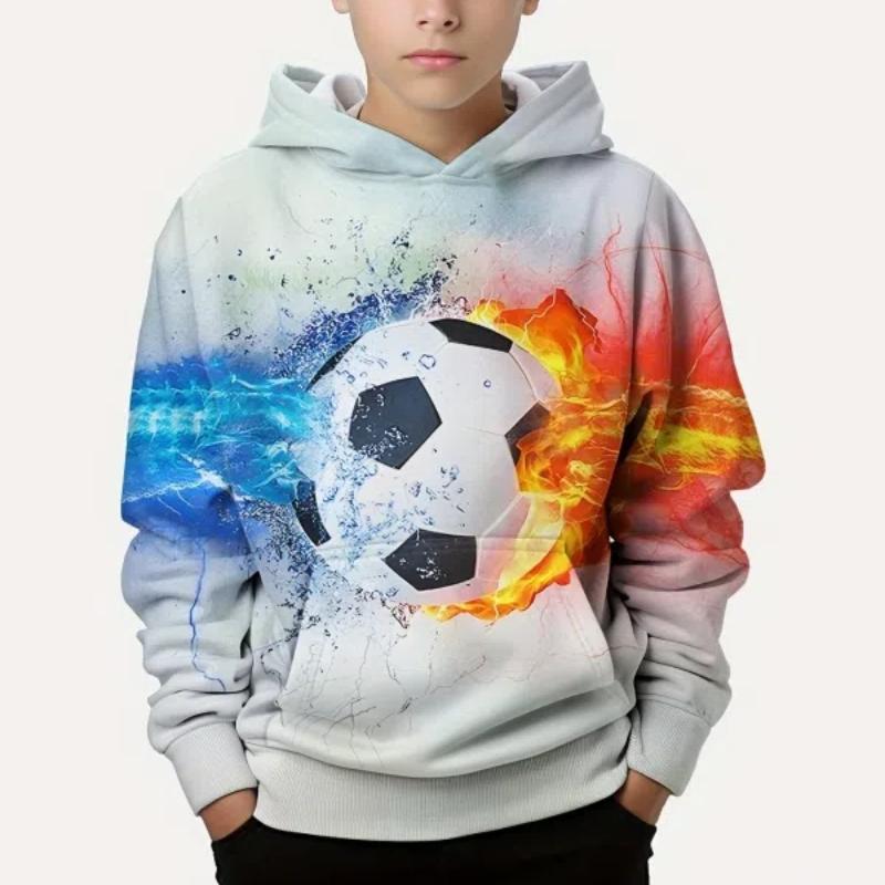 ETST 012 Kindermode Voetbal 3D Geprint Jongens Casual Capuchon Pullover Sweatshirt Voor Lente Herfst Kinder Tops Kleding 160CM