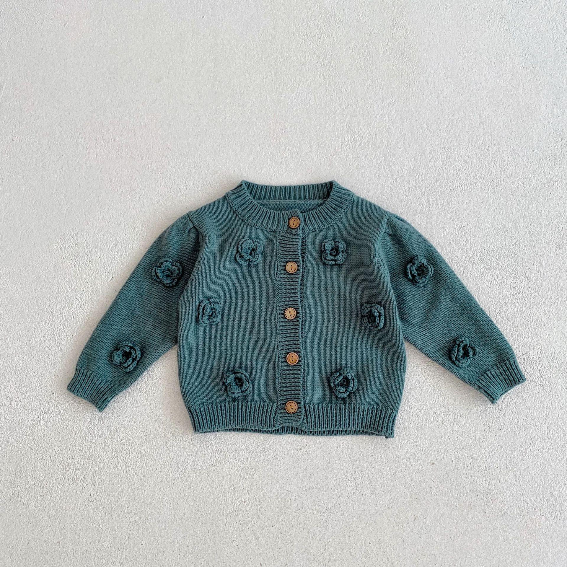 HoneyCherry Herfst Baby en Peuter 0-3 Jaar Oud Meisje Handgemaakte Bloem Gebreide Katoenen Jas Ronde Hals Trui Vest 100cm