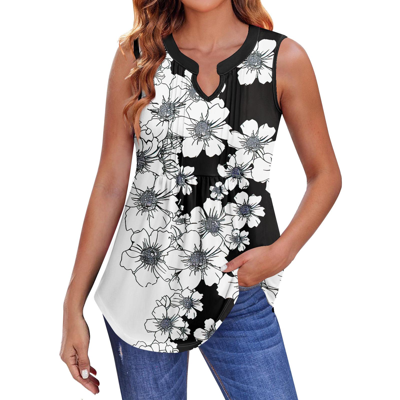Hong  Art Zomertanktops voor dames met geplooide V-hals en print, casual top, tanktops voor dames, losse pasvorm, mouwloze tuniekshirts XXXL zwart