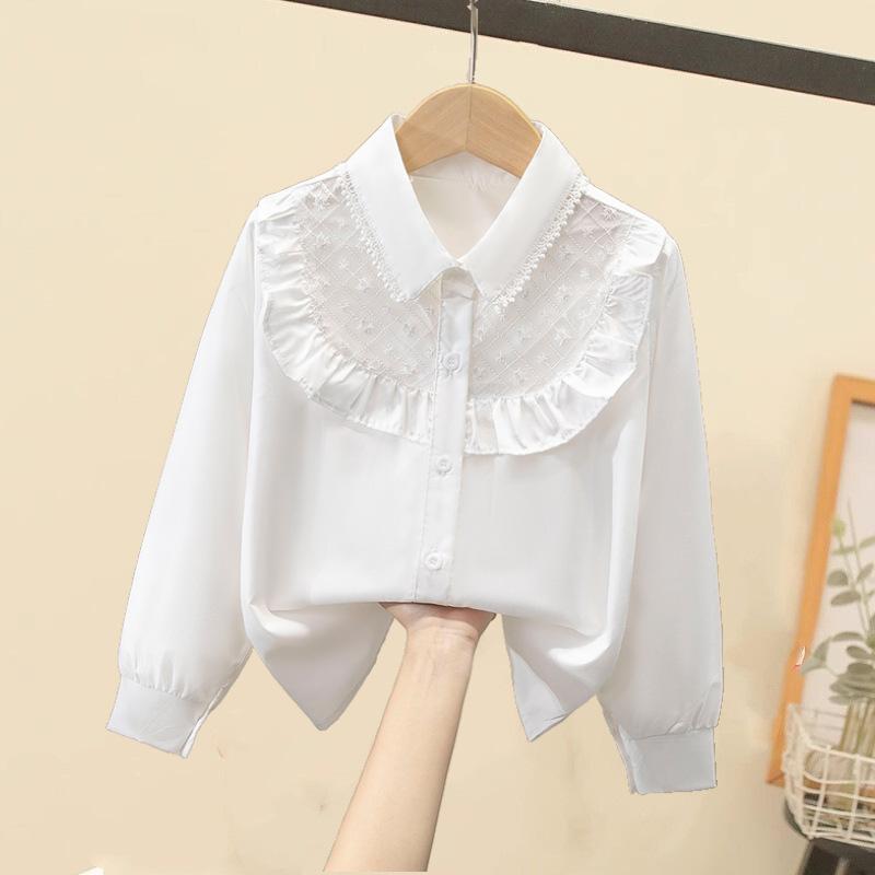 YUBAOBEI Peuter Kinderen Meisjes Wit Shirt Lange Mouw Kant Meisjes Tops Studentenuniform Blouse Kinderkleding 150