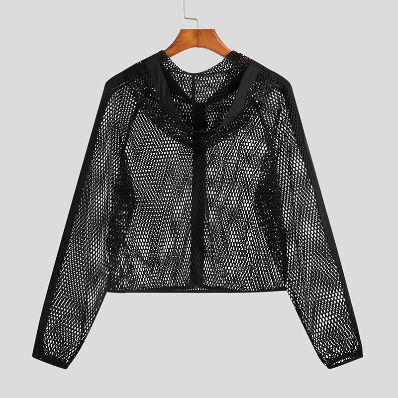 INCERUN Zomer Heren Mesh Crop Capuchon Sheer Crop Tops Doorschijnend M zwart