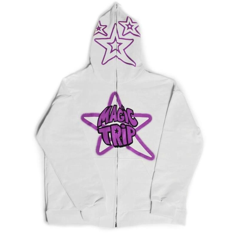 ZSIIBO Amazing Hoodie met rits Goth-sweatshirt met sterletterafbeeldingen Sportjas Pullover Gothic Oversized hoodie met lange mouwen Y2k-jas Herenhoodies XL wit