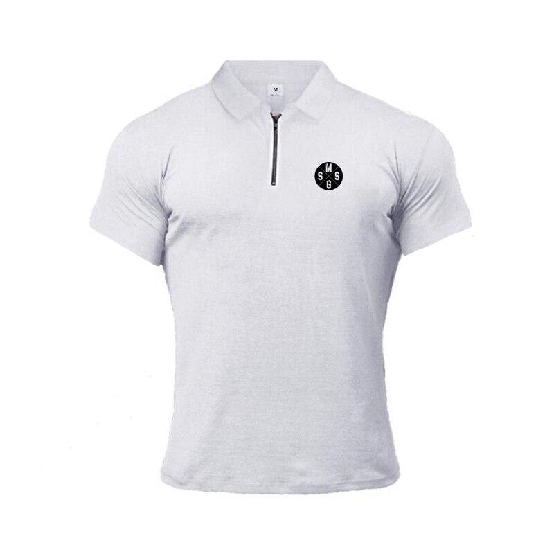 Muscleguys Mannen Zip Polo Tees Mode Katoen Fitness Polo T-shirt Merk Korte Mouw Gym Bodybuilding Kleding Engelse stijl XXL wit