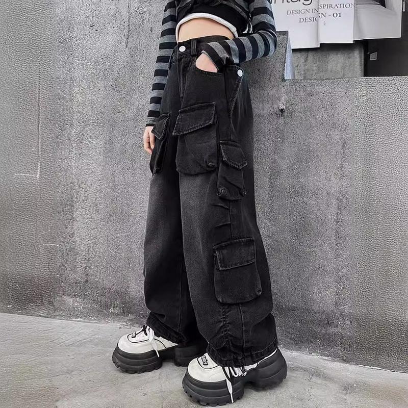 Qingpingjuan Lente- en herfstmeisjesbroek met wijde pijpen, cargojeans voor meisjes, losse, casual, elastische taille, tienerkinderenbroek met wijde pijpen, streetwearbroeken voor kinderen 140cm zwart