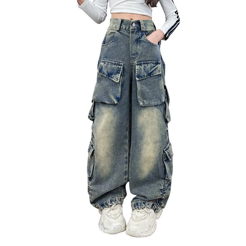 Qingpingjuan Lente- en herfstmeisjesbroek met wijde pijpen, cargojeans voor meisjes, losse, casual, elastische taille, tienerkinderenbroek met wijde pijpen, streetwearbroeken voor kinderen 150cm blauw