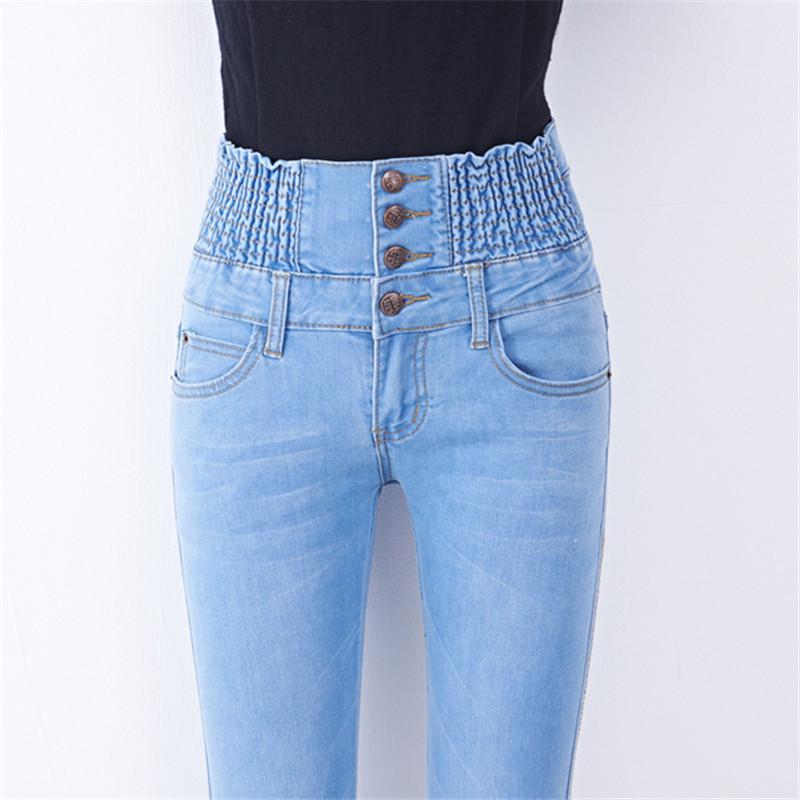 XHZ Damesmode Hoge taille elastische jeans Knoop strakke elastische slanke potloodbroek 40 lichtblauwe kleur