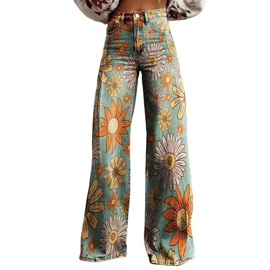 Honey Girl Clothing Dames Jeans Knoop Rits Gulp Rechte Pijpen Denim Broek met Zakken Digitale Bloemenprint Lange Streetwear M geel