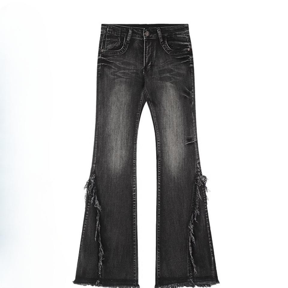 StyleSanctuary Y2k Flared Jeans voor dames Lage taille Gewassen denim broek Vrouwelijke Amerikaanse vintage broek Raw Edge Design Patchwork Herfst M zwart