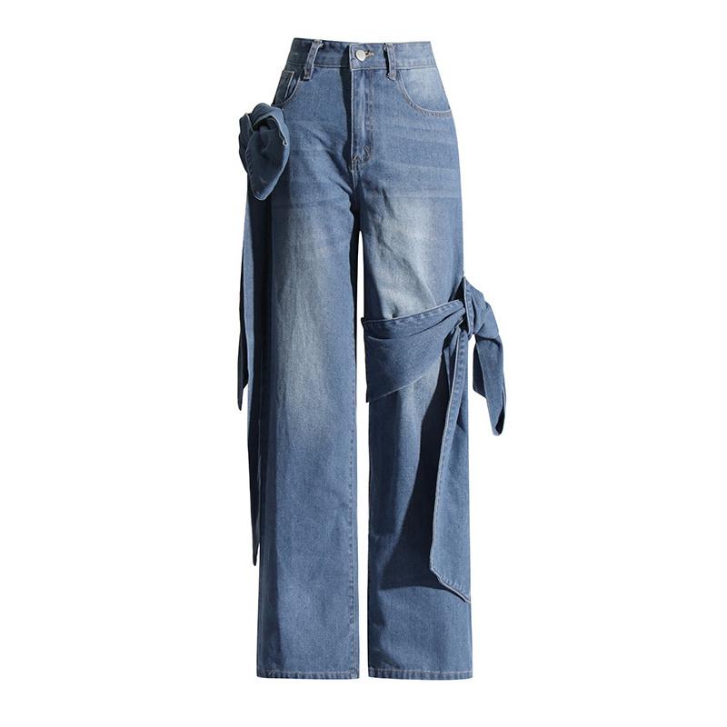 HY001 Women's Jeans 2025 Spring Autumn Latest Washed and Distressed Patchwork Bow Wide Leg Pants with High Waist and Slimming Design XL blauw