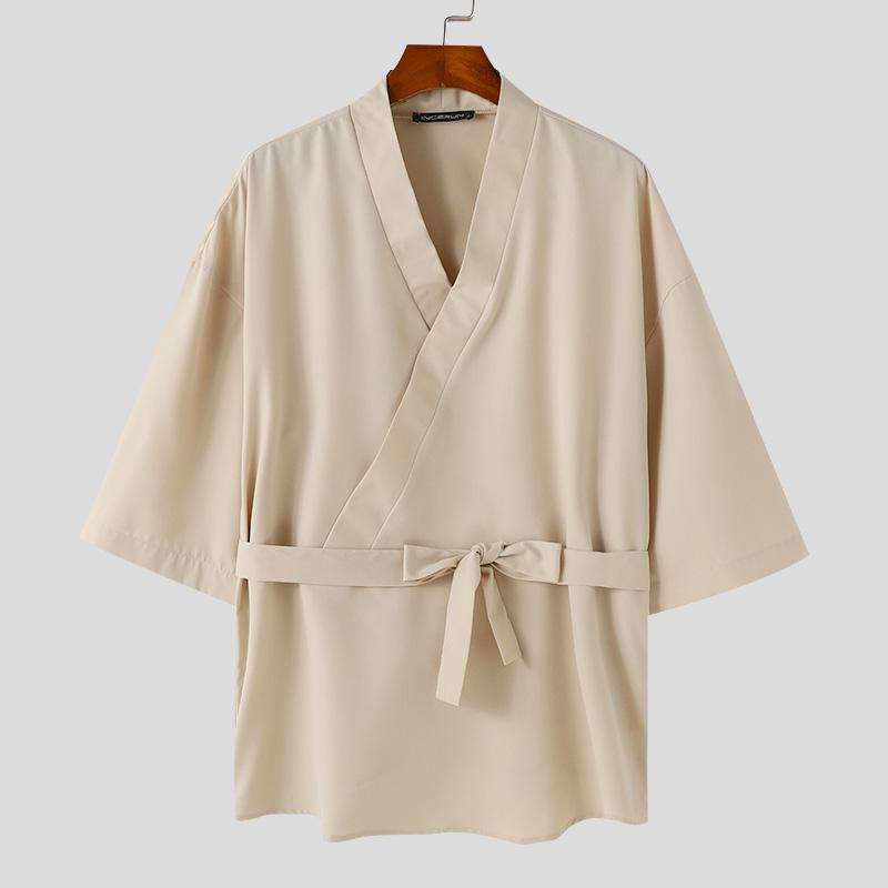 INCERUN Heren V-hals 3/4 Mouw Bandage Cardigan Losse Kimono M beige