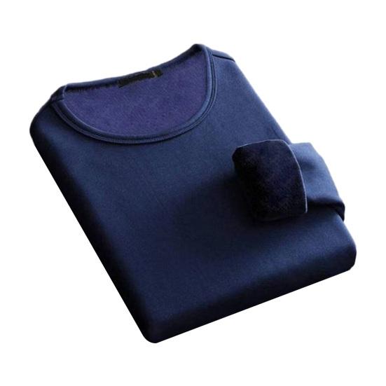 DILLER Heren herfst winter shirt verdikt pluche warm zacht O-hals elastische lange mouw effen kleur trui plus maat dagelijks dieptepunt top ondergoed L marineblauwe kleur