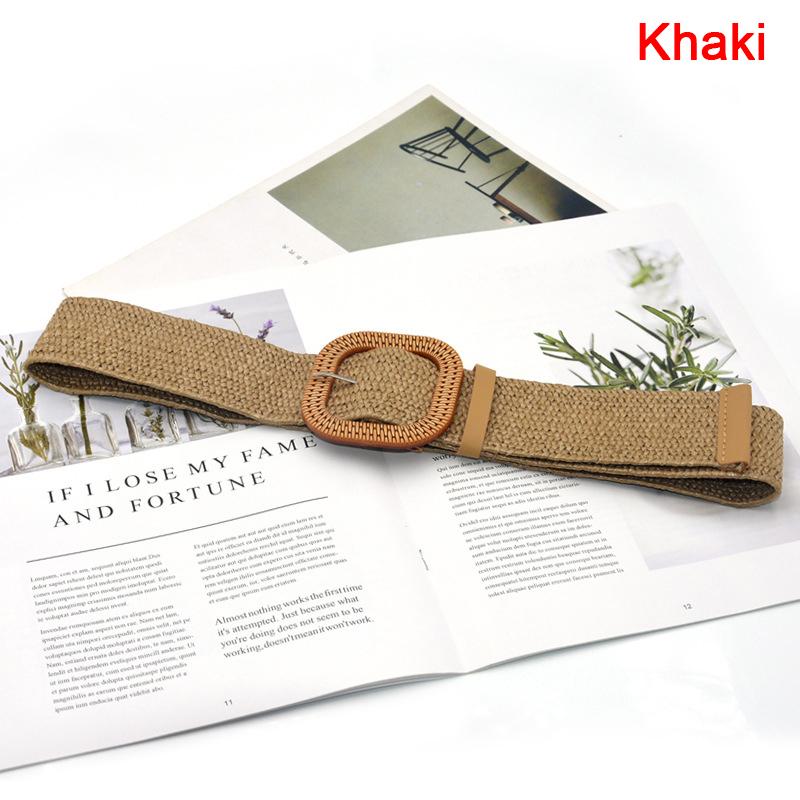 Foreign Parts Zomer dames elastische gevlochten riem vierkante gesp Vintage Boho stro riem jurk riem kaki