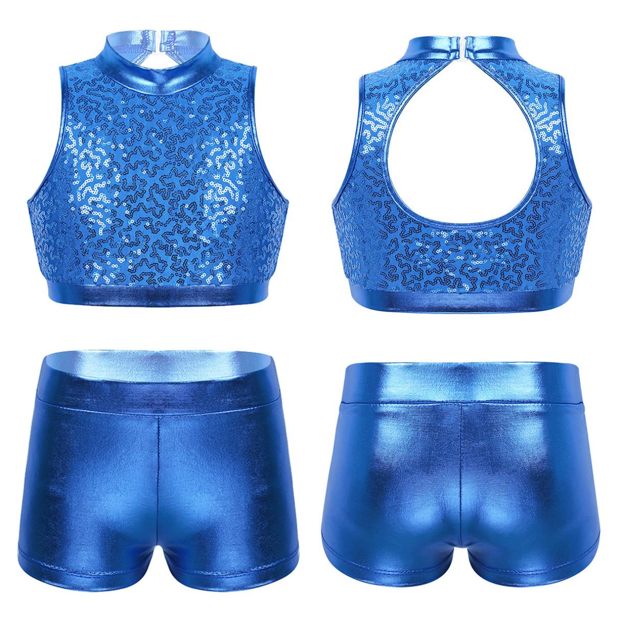 Inlzdz Kinderen meisjes metallic tweedelige dansoutfit racerback sporttankini cop-top met gymnastiekbroek 9-10 Years blauw