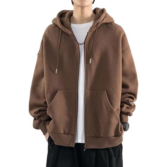 Manshanwangluo Heren Herfst Winter Hoodie met Rits Effen Kleur Lange Mouw Kapmantel Mannelijke Gezellige Stijlvolle Bovenkleding 3XL koffie