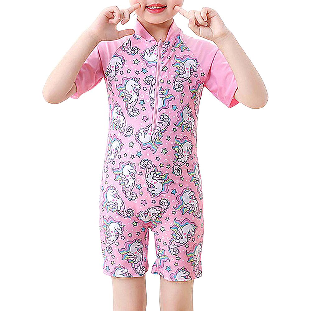 KC Cute Kids Kinderen Bedrukt Badpak Jongens Korte Mouw Jumpsuit Meisjes Badpak O-hals Strand Badmode Rits Surf Wetsuit M roze