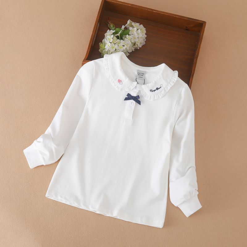 Kuyeebear Meisjes T-shirt met lange mouwen Kinderen poloshirt Effen kleur Katoen Baby Turn-down kraag Top met schattige strik 6-14 jaar Lente Herfst Kinderen Leuke kleding 160