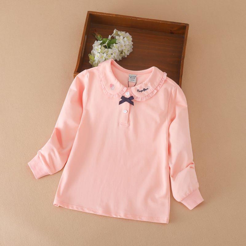 Kuyeebear Meisjes T-shirt met lange mouwen Kinderen poloshirt Effen kleur Katoen Baby Turn-down kraag Top met schattige strik 6-14 jaar Lente Herfst Kinderen Leuke kleding 130 roze