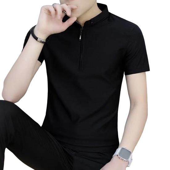 Songmeijuan Zomer Heren Top V Hals Ritssluiting Opstaande Kraag Korte Mouwen Slim Fit Effen Kleur Zacht Ademend Middellange Casual Formeel Zakelijk Overhemd L zwart