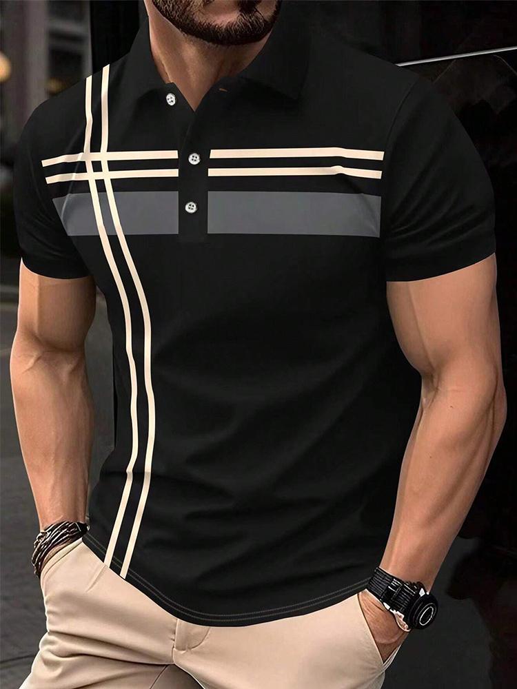 Haojun Men Summer Striped Short Sleeve Casual Commuting Polo Shirt 3XL zwart