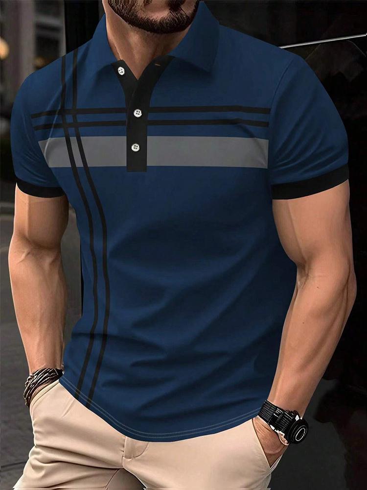 Haojun Men Summer Striped Short Sleeve Casual Commuting Polo Shirt 2XL marineblauwe kleur