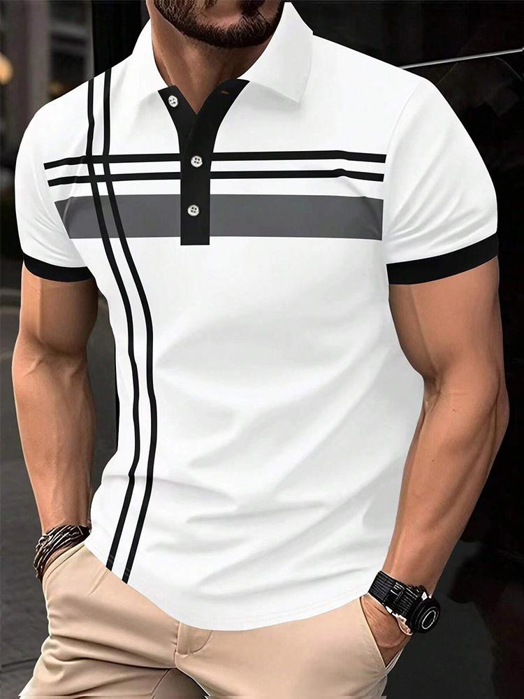 Haojun Men Summer Striped Short Sleeve Casual Commuting Polo Shirt 2XL wit