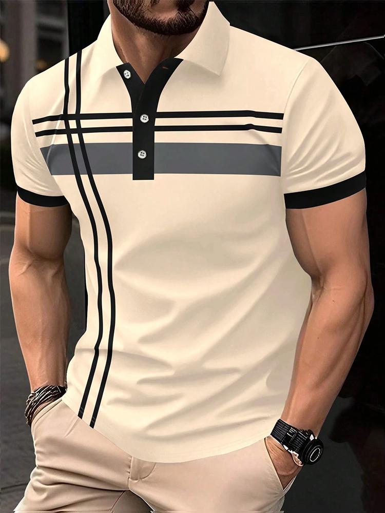 Haojun Men Summer Striped Short Sleeve Casual Commuting Polo Shirt M kaki
