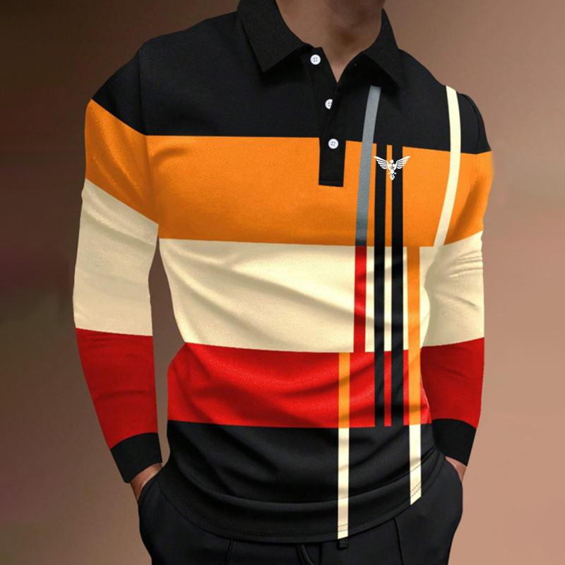 Bengbukulun Logo Print Heren Lange Mouw Poloshirt Heren Casual Mode Spell Color Casual Golf Poloshirt Tops 3XL oranje