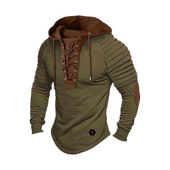 Western Cool Men Heren Lente Hoodie Geplooide Schouder Colorblock Trekkoord Capuchon Top Lange Mouw Trui XL legergroene kleur