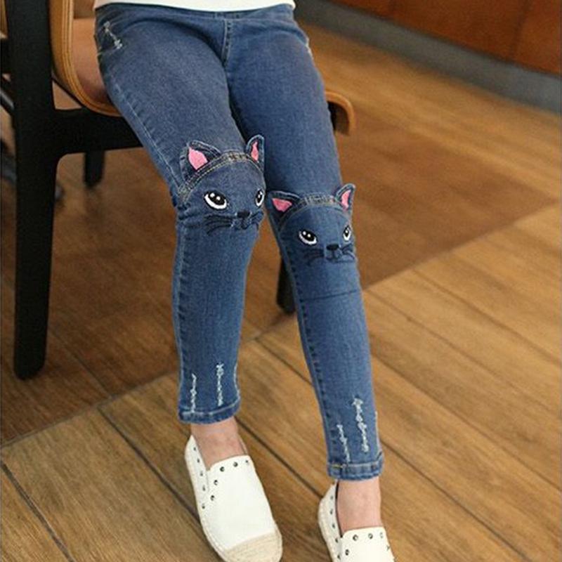 YOUULAR Casual jeans voor meisjes Kinderen Leuke kattenontwerpbroek Kinderjeanskleding voor meisjes Lente- en herfstbroeken 100