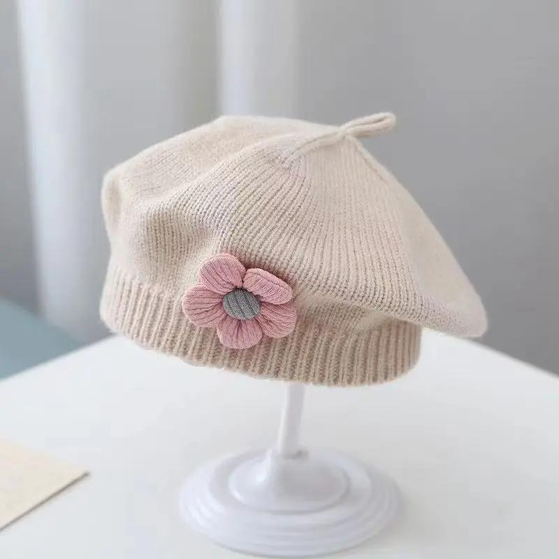 91530112MAC2FPQ14M Bloem Baby Baret Hoed Winter Warm Gebreide Beanie Cap voor Baby Meisjes Koreaanse Peuter Prinses Kunstenaar Effen Kleur Schilder Caps One Size
