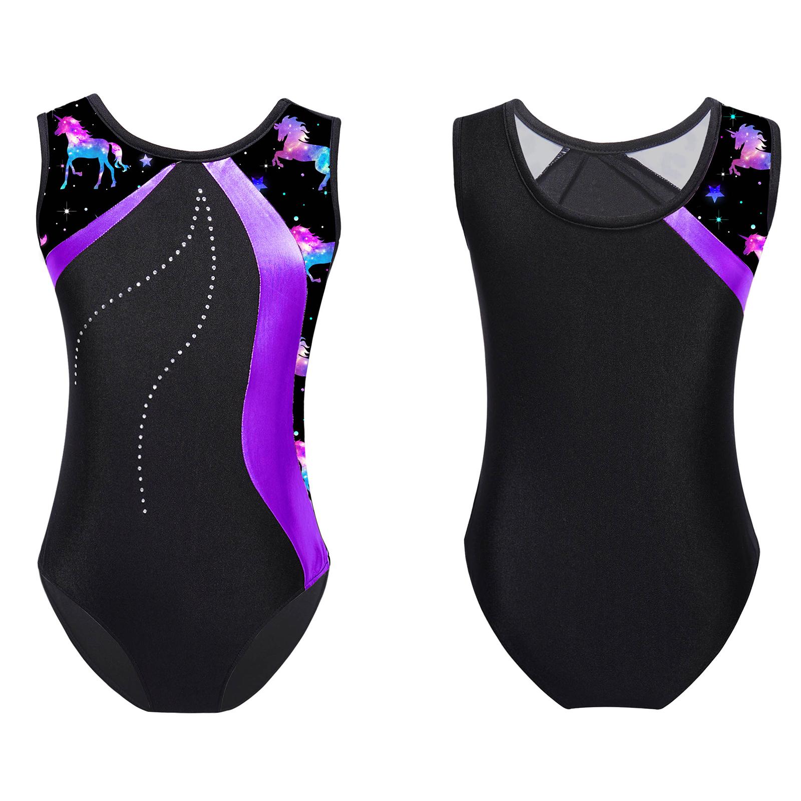 Tiaobug Kids Girls Stylish Print Leotard Sleeveless Bodysuit for Gymnastics Training Stage Performance 11-12 Years paars