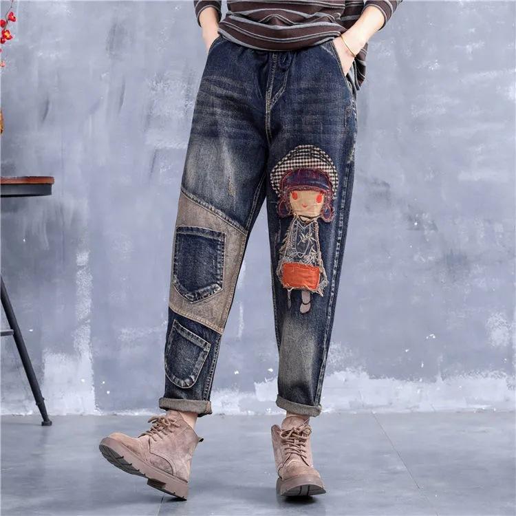 QGOOD Hoge kwaliteit dames retro patch geborduurde print losse jeans hoge taille cartoon schattige oversized harem broek XXXXL