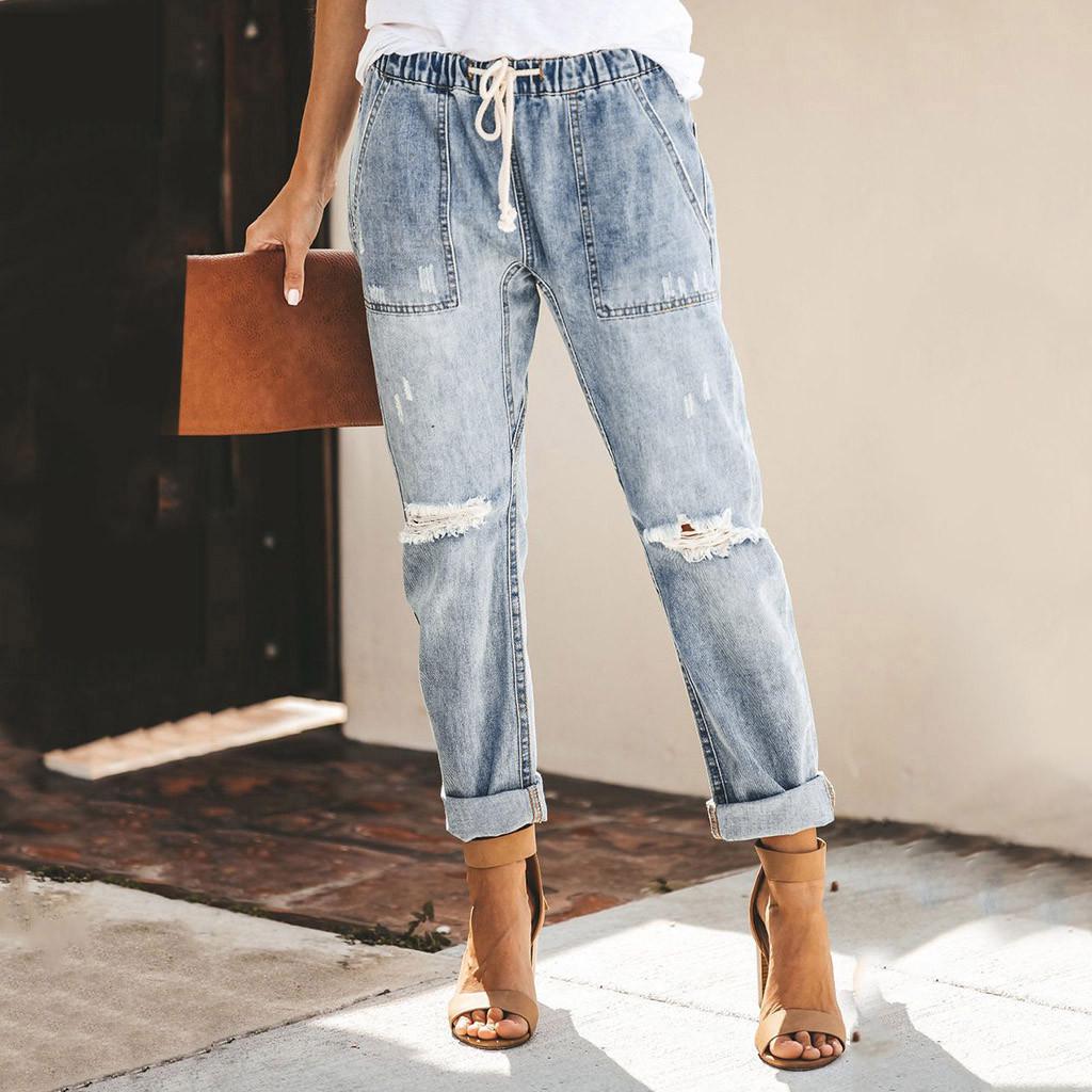A qi Dames Pull-on Distressed Denim Joggers Stretchbroek met elastische taille S
