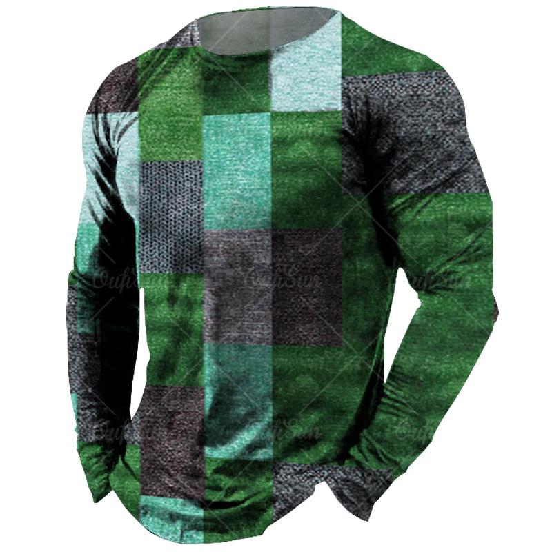 ETST 03 Vintage heren T-shirt met lange mouwen Patchwork T-shirts Tops Geruit T-shirt voor heren 3D-gestreepte bedrukte kleding Oversized Streetwear 5xl 4XL